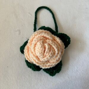 Flower bag charm Crochet Accessory with Green Leaves